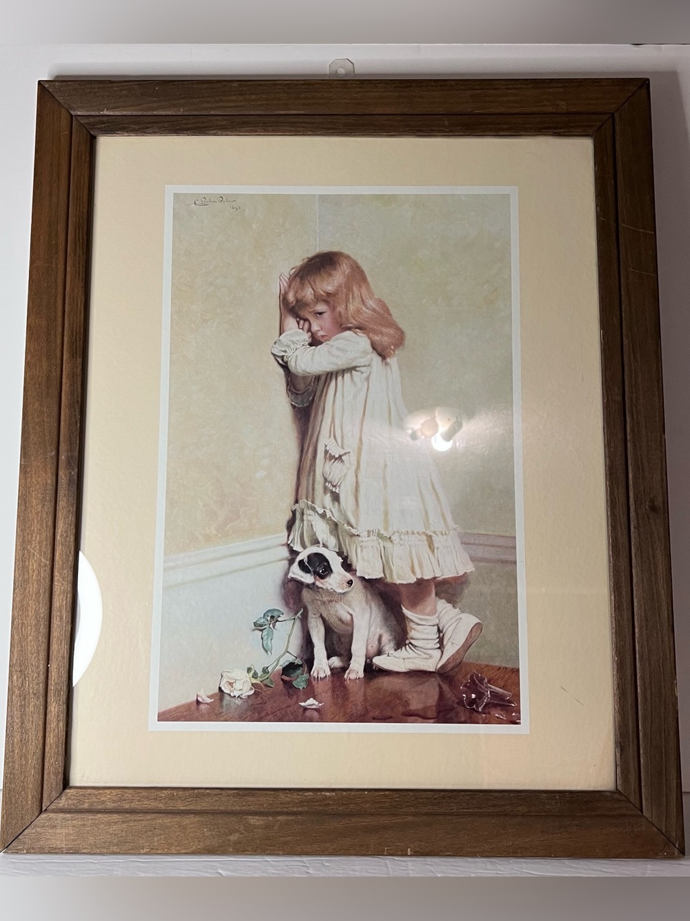 VTG Wood Framed Print "In Disgrace" Charles Burton Barber Child Dog Puppy 24x19"